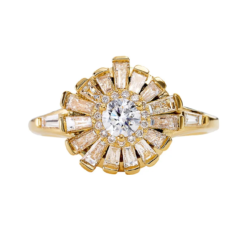 Engagement rings with yellow gold floral halos -Halo Ring with Baguette Diamond Frills - Asymmetric Halo Engagement Ring