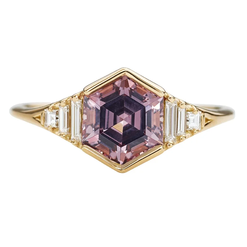 Custom engagement rings with engraved floral bands -Hexagon Cut Spinel Engagement Ring in Mauve with Diamonds