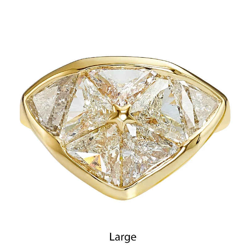 Engagement rings with yellow gold floral halos -Interstellar Dome Ring with Triangle Cut Diamonds