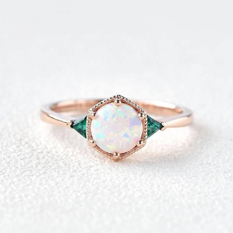 Engagement rings with vintage rose quartz settings -Lab Opal & Emerald Rose Gold Ring