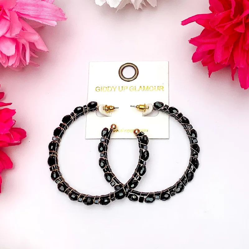 Hoop earrings with oversized designs for a bold, fashion-forward statement-Large Hoop Earrings Outlined with Crystals in Black