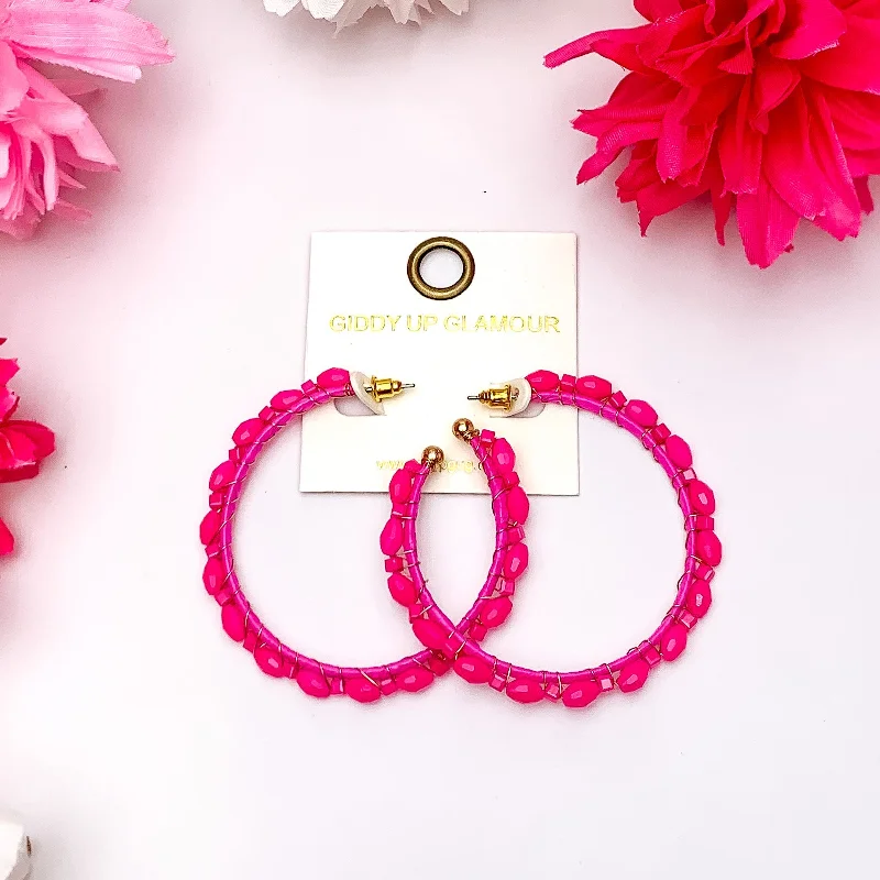 Hoop earrings with diamond-cut surfaces for added sparkle and shine-Large Hoop Earrings Outlined with Crystals in Hot Pink