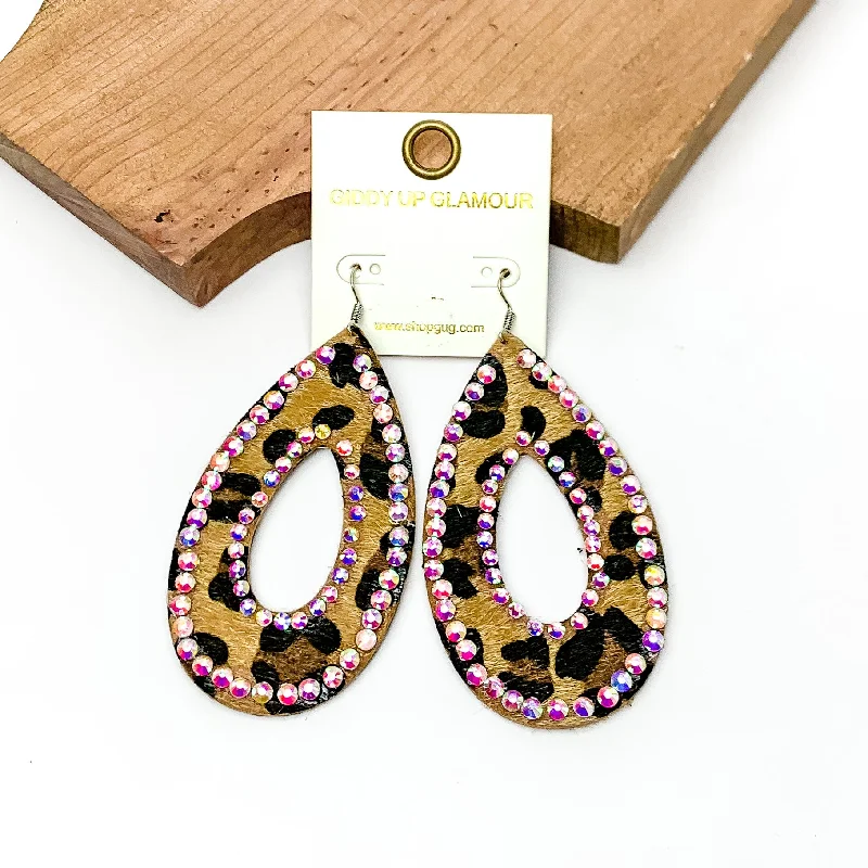 Best hoop earrings with oval shapes for a unique and elongated design-Leopard Print Open Teardrop Earring With AB Crystals