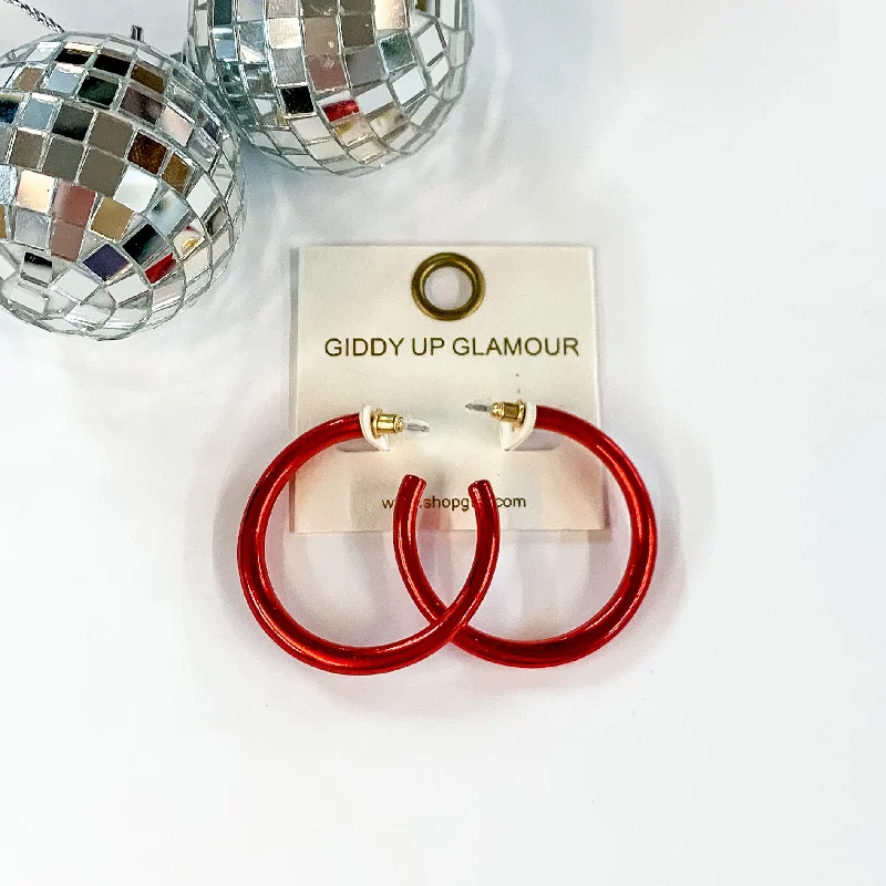 Hoop earrings with hearts for a sweet and romantic gesture-Light Up Medium Neon Hoop Earrings In Red