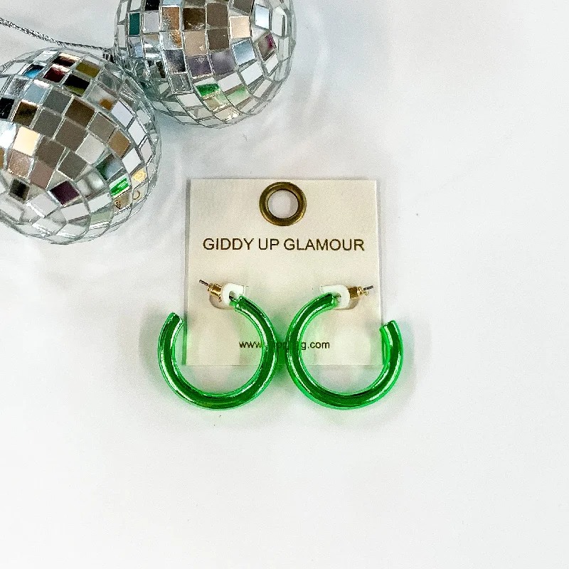 Hoop earrings with textured finishes for a vintage and classic style-Light Up Small Neon Hoop Earrings In Green