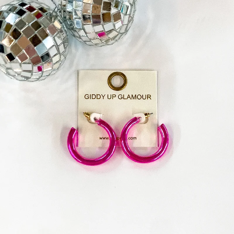 Hoop earrings with polished silver finish for a shiny, modern appeal-Light up Small Neon Hoop Earrings in Hot Pink