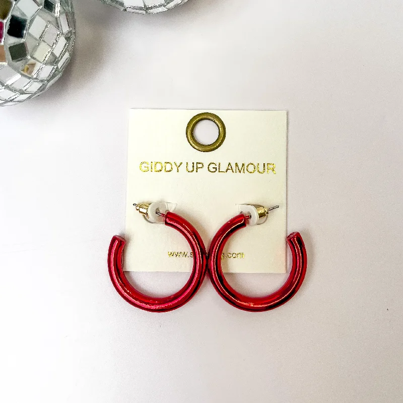 Hoop earrings with twisted metal designs for a dynamic and modern style-Light Up Small Neon Hoop Earrings In Red