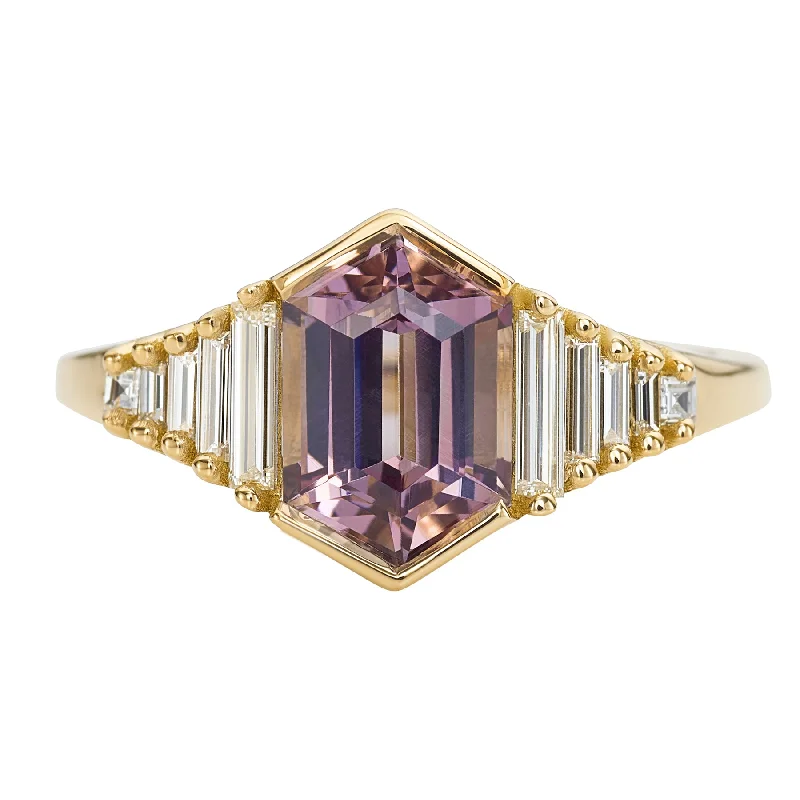 Gold engagement rings with pear-cut sapphire gems -Lilac Engagement Ring with an Elongated Hexagon Spinel and Baguette Diamonds