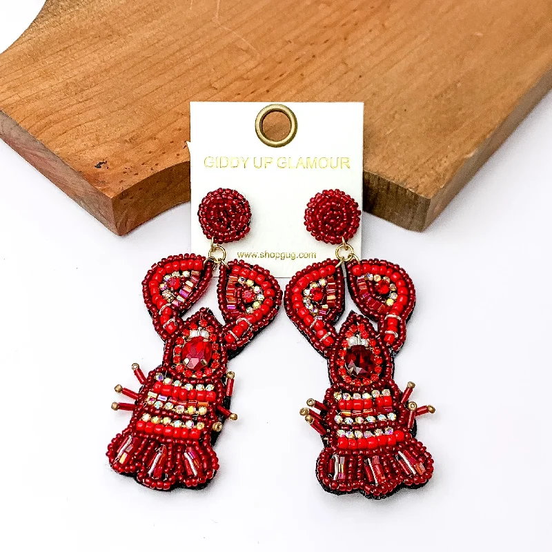 Best hoop earrings with matching bracelets for a coordinated jewelry set-Crawfish Beaded Earring in Red and AB Crystals