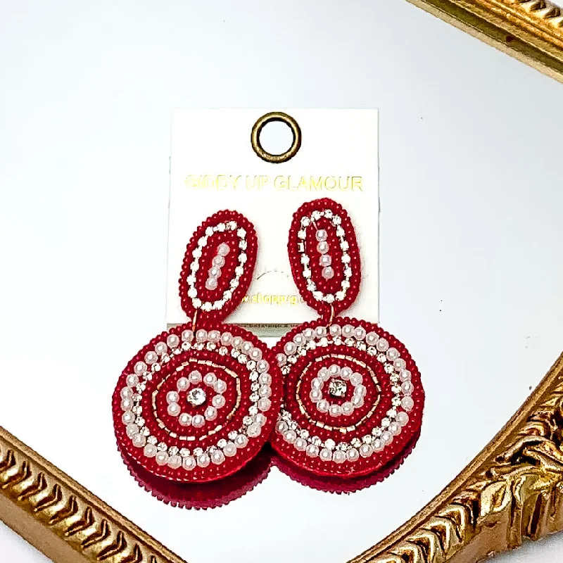 Hoop earrings with artistic filigree designs for an intricate, delicate finish-Maroon Circle Earrings With Clear Crystals and Pearls