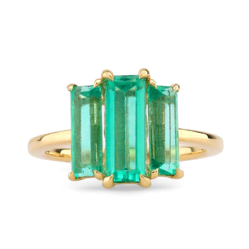 Engagement rings with vintage oxidized gold finish -Mid Century Style GIA 2.5 Carat Emerald 18K Yellow Gold Three Stone Ring