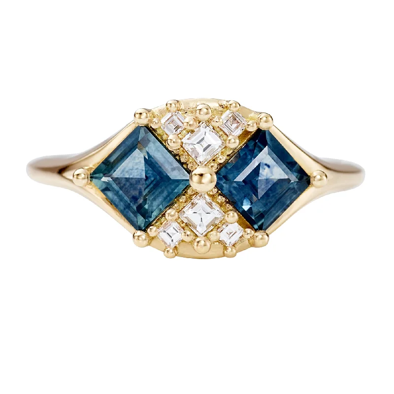 Engagement rings with hidden aquamarine stone accents -Mirage Teal Sapphire and Diamond Carre Cut Engagement Ring