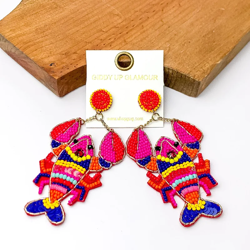 Best hoop earrings with butterfly motifs for a playful and whimsical appearance-Multicolor Beaded Crawfish with Gold Detail