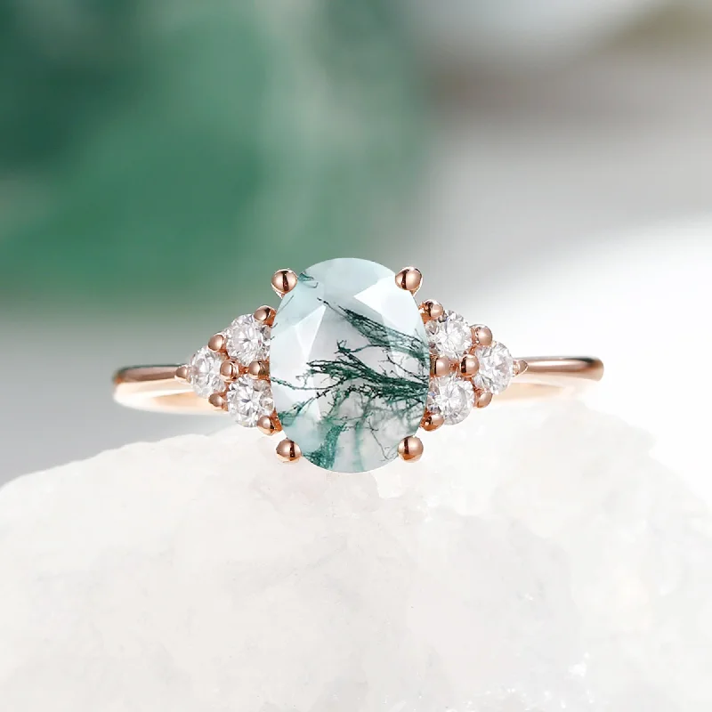 Engagement rings with trillion-cut moonstone gems -Oval Moss Agate Classic Cluster Engagement Ring - Aurora