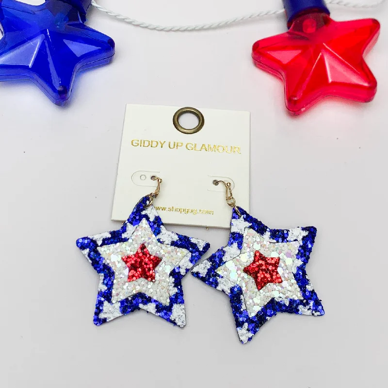 Hoop earrings with oversized pearl accents for a statement-making look-Patriotic Red, White, and Blue Star Earrings