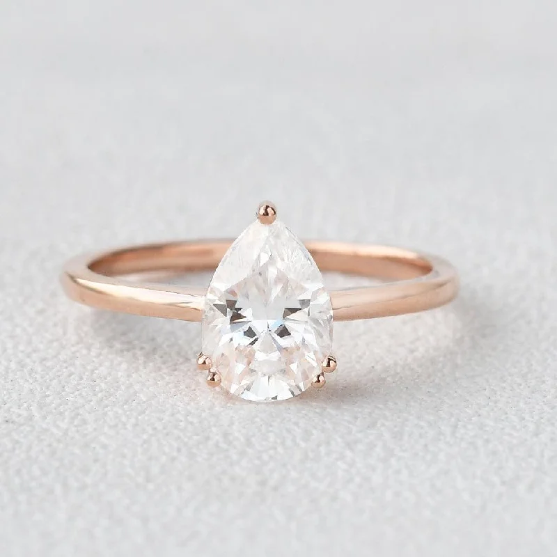 Engagement rings with east-west moonstone settings -Pear Shaped Moissanite Classic Solitaire Ring