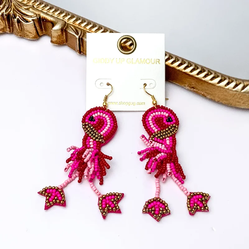 Hoop earrings with twisted leather for a chic and modern boho look-Pink Beaded Flamingo Earrings with Gold Detail