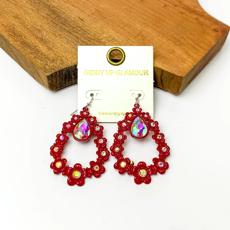 Best hoop earrings with delicate chain details for a trendy and stylish design-Red Open Drop Flower Earrings with AB Crystals