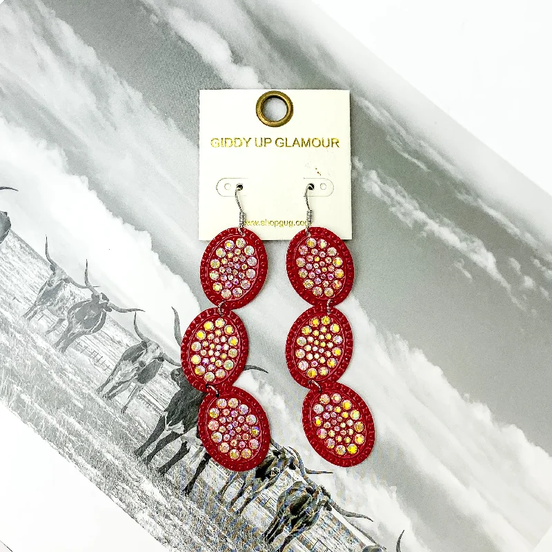 Hoop earrings with a chunky design for a bold and trendy statement-Three Tier Red with AB Crystal Oval Dangle Earrings