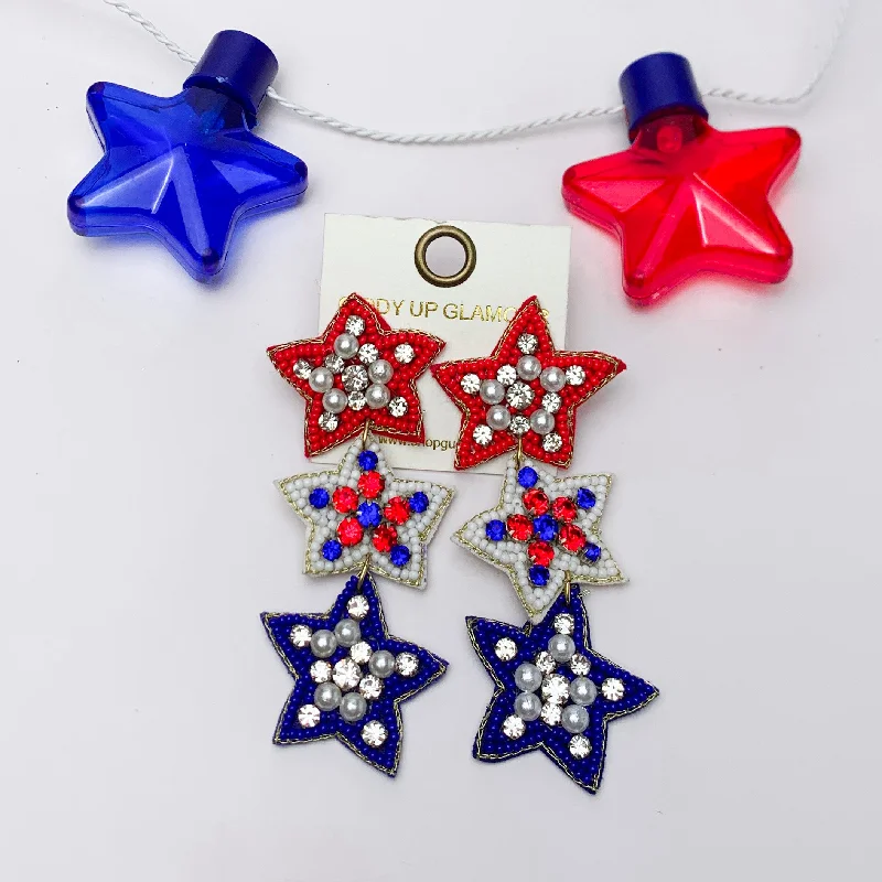 Hoop earrings with colorful beads for a fun and playful vibe-Red, White, And Blue Three Tier Star Earrings