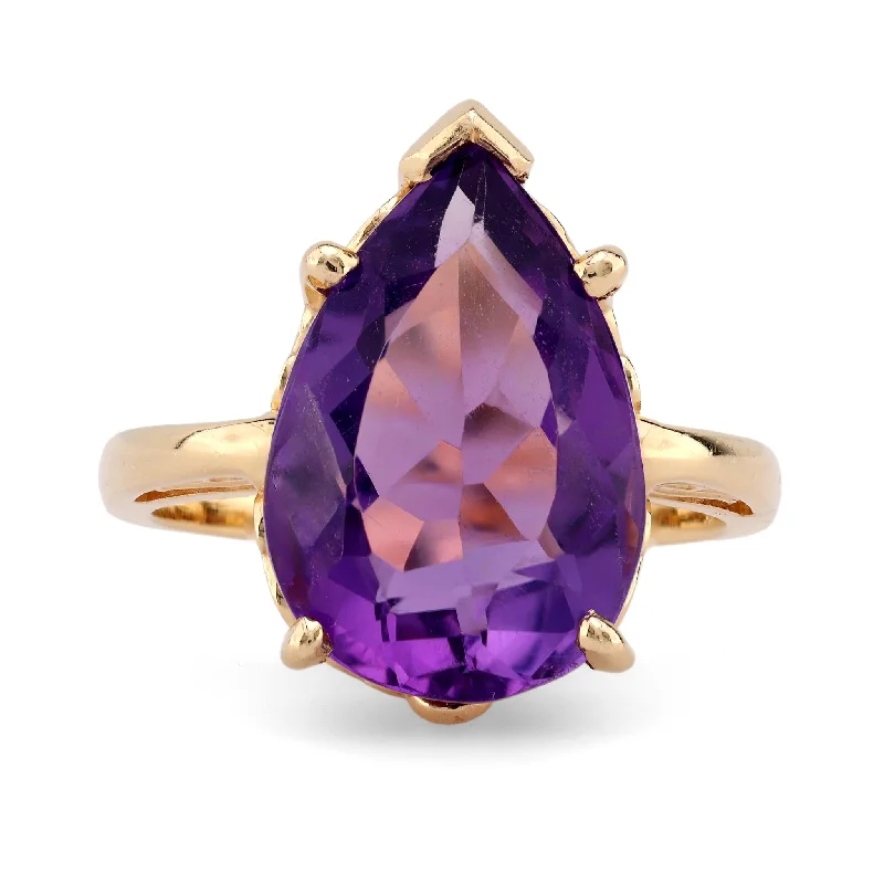 Engagement rings with vintage amethyst center stones -Retro 5.8 Carat Pear Shape Amethyst 14K Yellow Gold Solitaire Ring