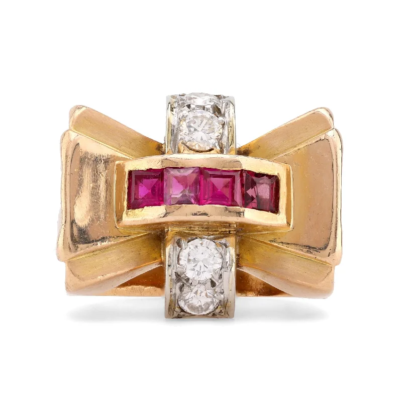 Engagement rings with pink tourmaline for charm -Retro Ruby Diamond 18K Yellow Gold Tank Ring