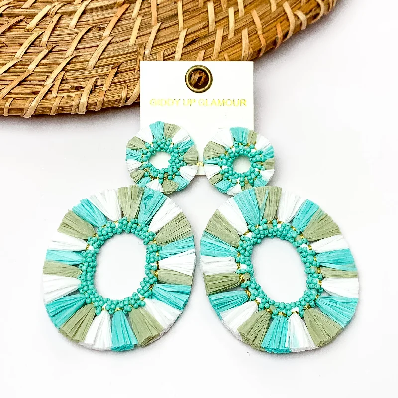 Best hoop earrings with tribal designs for a cultural and exotic aesthetic-Siesta Keys Raffia Wrapped Open Oval Earrings in Turquoise Blue , Green, and White