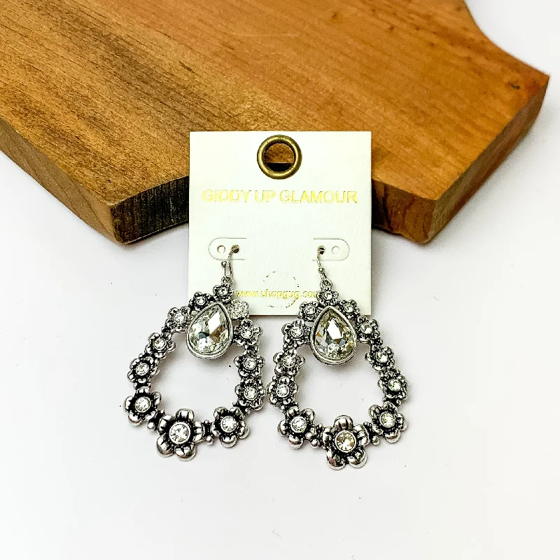 Best hoop earrings with satin ribbons for a soft, feminine appearance-Silver tone Open Drop Flower Earrings with Clear Crystals