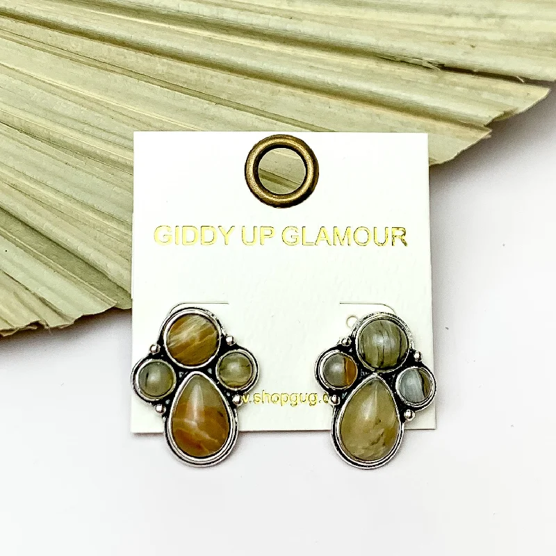 Hoop earrings with textured finishes for a vintage and classic style-Silver Tone Cluster Stone Earrings in Natural Brown