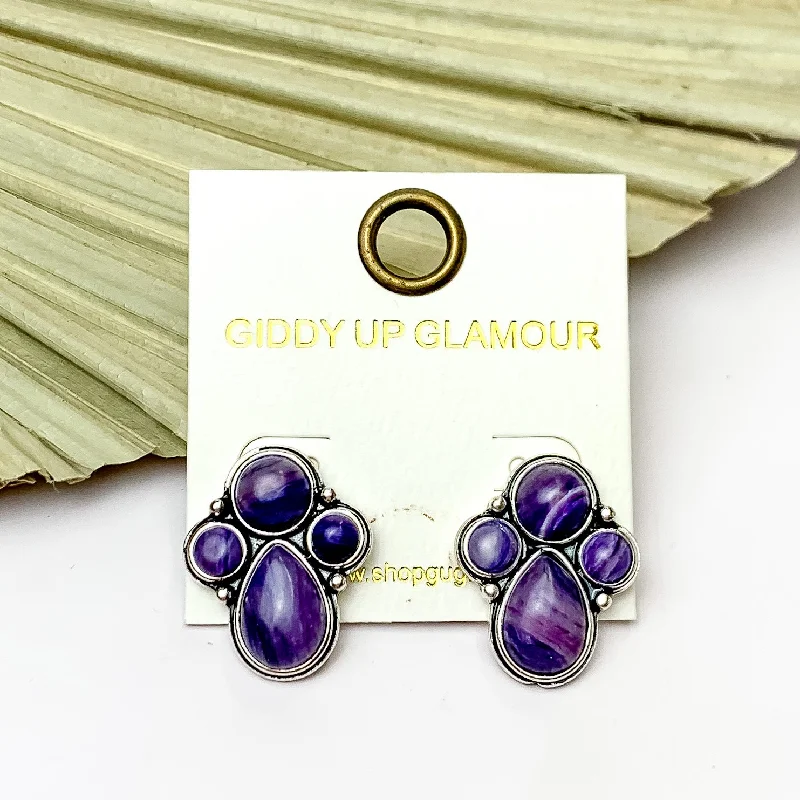 Best hoop earrings with gold-plated finishes for an affordable luxury vibe-Silver Tone Cluster Stone Earrings in Purple