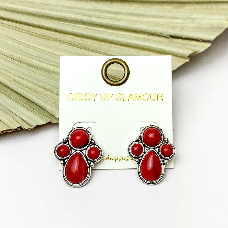 Hoop earrings with diamond-cut surfaces for added sparkle and shine-Silver Tone Cluster Stone Earrings in Red