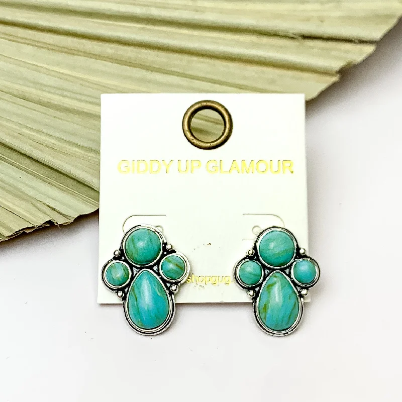 Hoop earrings with a matte black finish for a sleek, edgy vibe-Silver Tone Cluster Stone Earrings in Turquoise Green