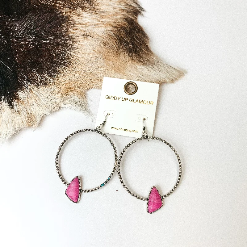 Best hoop earrings with tribal designs for a cultural and exotic aesthetic-Silver Tone Textured Hoop Earrings with Pink Stone