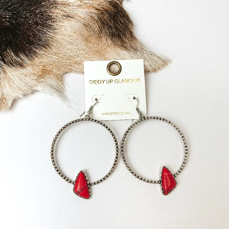 Hoop earrings with hearts for a sweet and romantic gesture-Silver Tone Textured Hoop Earrings with Red Stone