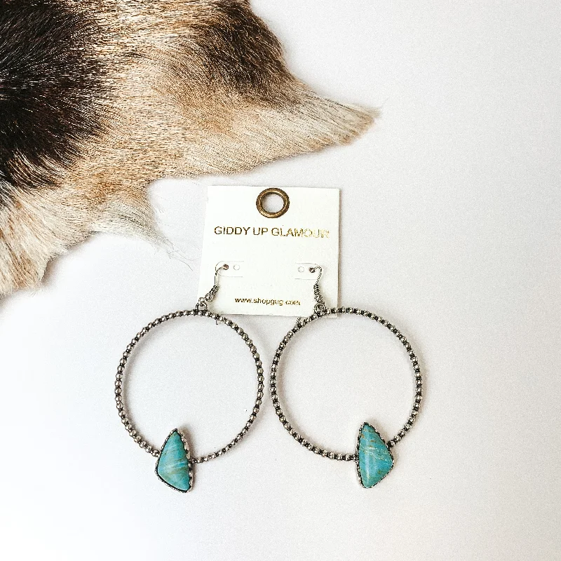 Best hoop earrings with vintage coins for a retro, antique-inspired style-Silver Tone Textured Hoop Earrings with Turquoise Blue Stone