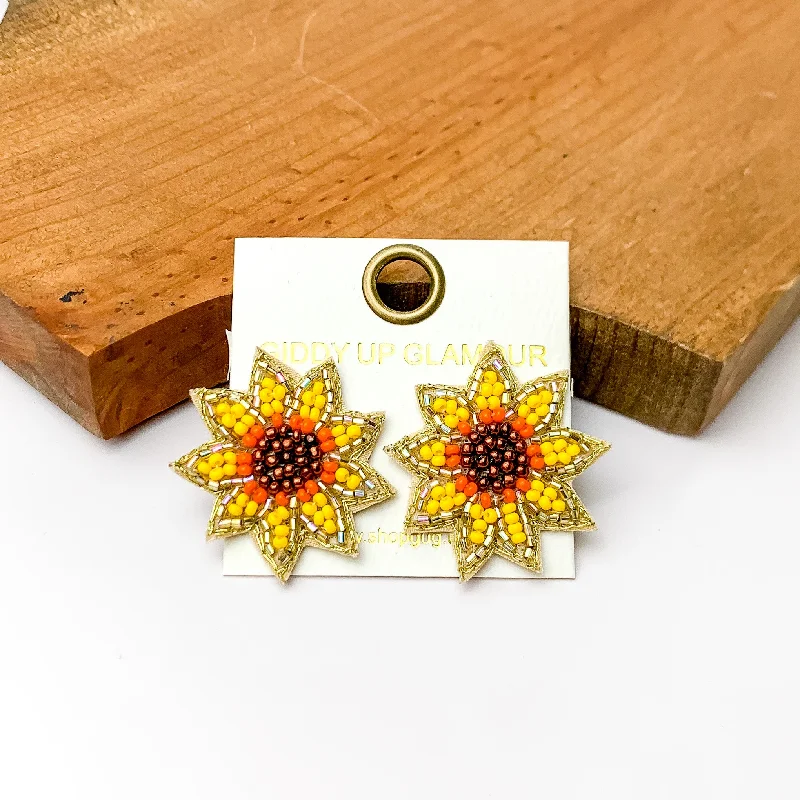 Hoop earrings with colorful beads for a fun and playful vibe-Summertime Beaded Sunflower Earrings