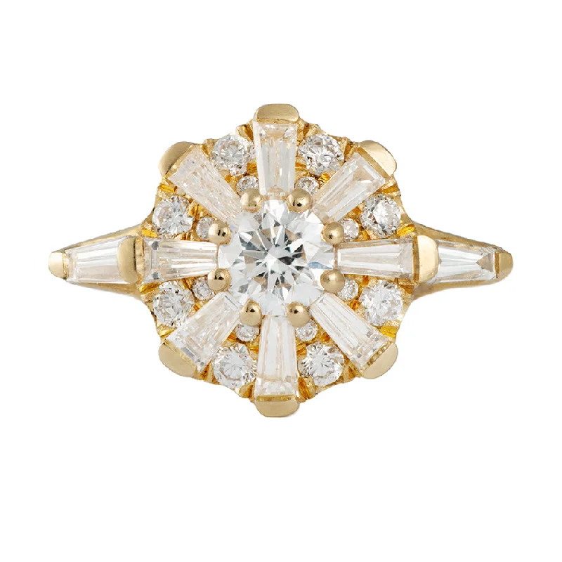 Engagement rings with halo of vibrant citrine -The Sun Temple Ring with Tapered Baguette Diamonds Halo