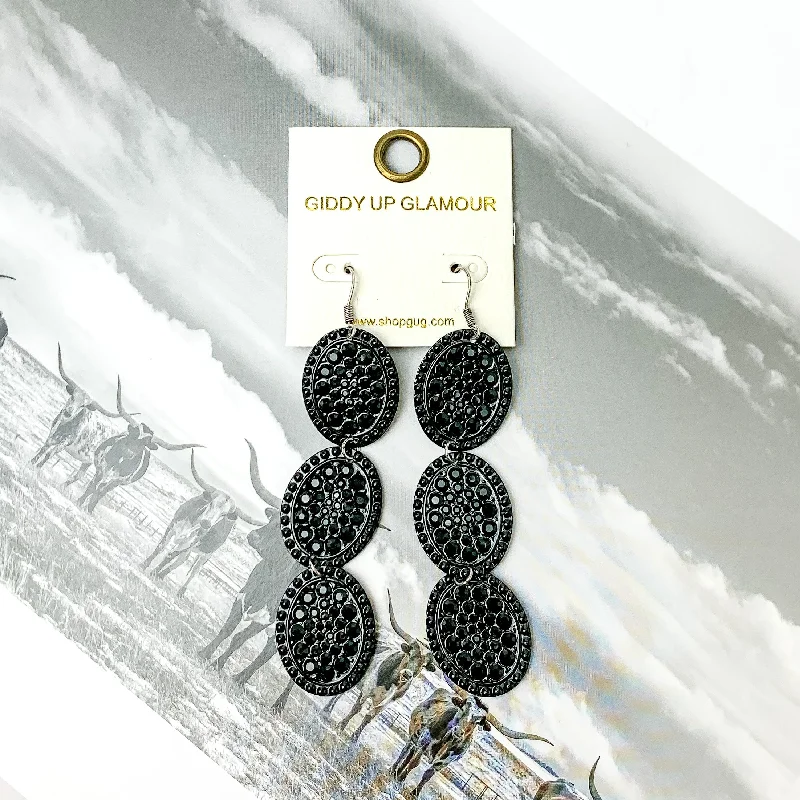 Best hoop earrings with gemstone accents for a colorful and elegant appearance-Three Tier Black Outline with Black Crystals Oval Dangle Earrings