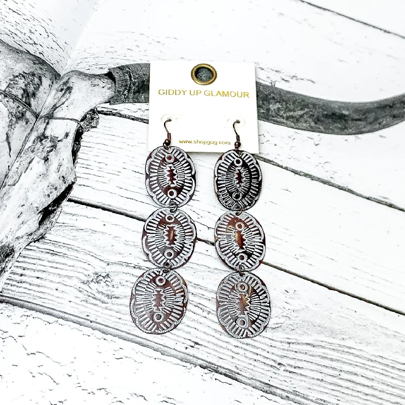 Hoop earrings with stacked layers for a bold and textured design-Three Tier Copper Tone Oval Earrings With White Designs