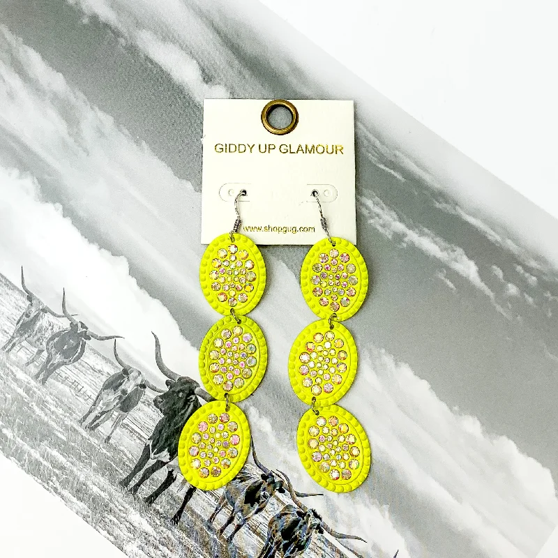 Best hoop earrings with infinity designs for a timeless and meaningful symbol-Three Tier Neon Yellow with AB Crystal Oval Dangle Earrings