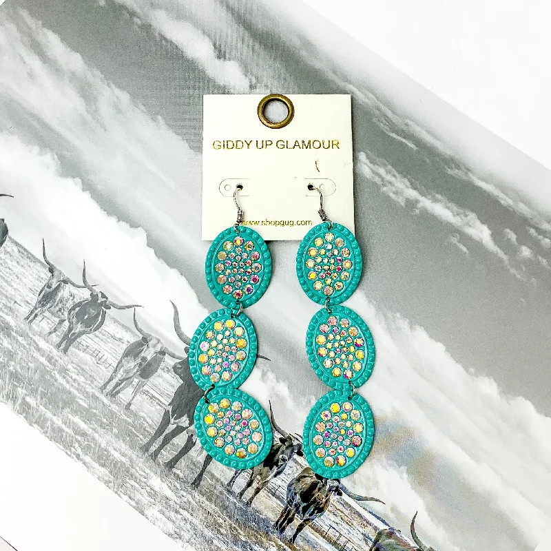 Best hoop earrings with lever-back closures for secure and easy wear-Three Tier Turquoise Blue and AB Crystal Oval Dangle Earrings