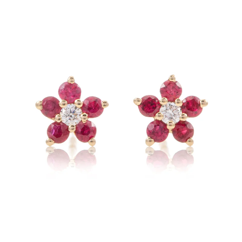 Hoop earrings with polished silver finish for a shiny, modern appeal-Tiny Ruby Flower Studs