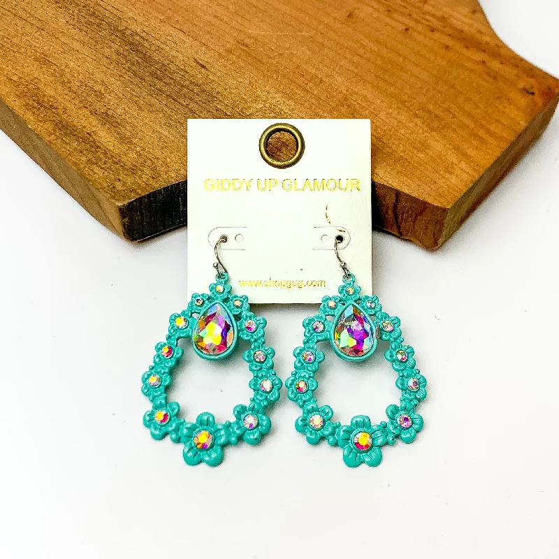 Best hoop earrings with turquoise stones for a bohemian-inspired vibe-Turquoise Open Drop Flower Earrings with AB Crystals