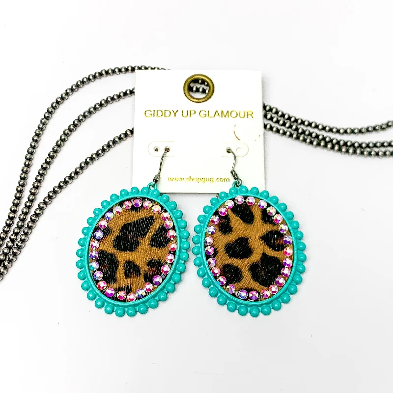 Hoop earrings with textured finishes for a vintage and classic style-Turquoise Oval Earrings with Leopard Print Inlay and AB Crystals Outline