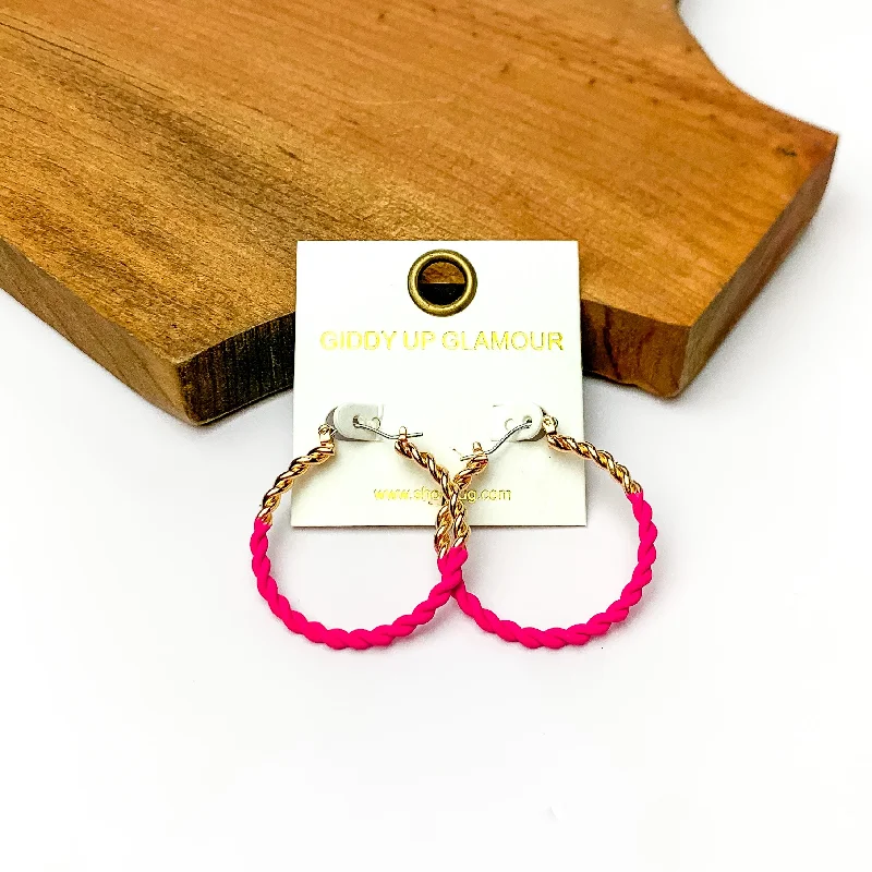 Best hoop earrings with sterling silver for an affordable and chic design-Twisted Gold Tone Hoop Earrings in Hot Pink