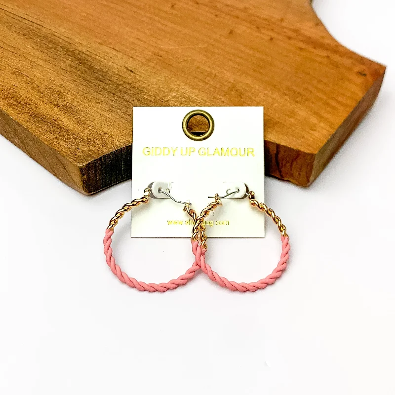 Best hoop earrings with rose gold for a romantic and warm aesthetic-Twisted Gold Tone Hoop Earrings in Light Pink