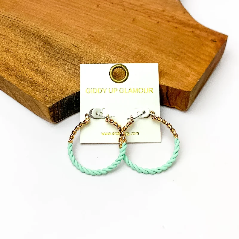 Stylish hoop earrings with diamond accents for an elegant and sparkling effect-Twisted Gold Tone Hoop Earrings in Mint Green