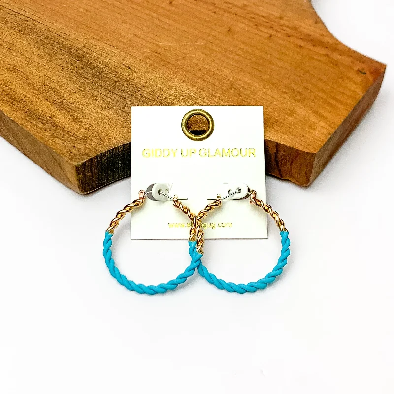 Hoop earrings with hammered textures for a boho-chic and rustic vibe-Twisted Gold Tone Hoop Earrings in Ocean Blue