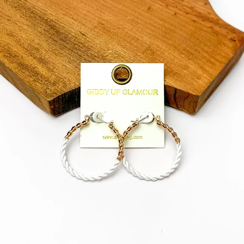 Classic hoop earrings with a thin profile for a sleek and subtle style-Twisted Gold Tone Hoop Earrings in White