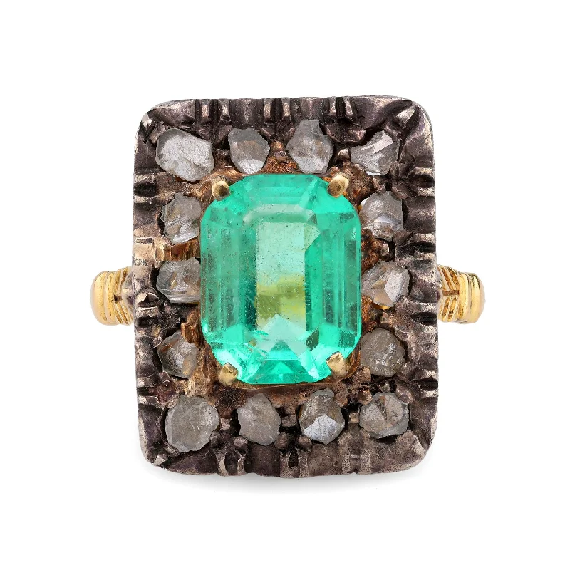 Engagement rings with radiant malachite for swirls -Victorian GIA 3 Carat Emerald Diamond 18K Yellow Gold Silver Square Ring